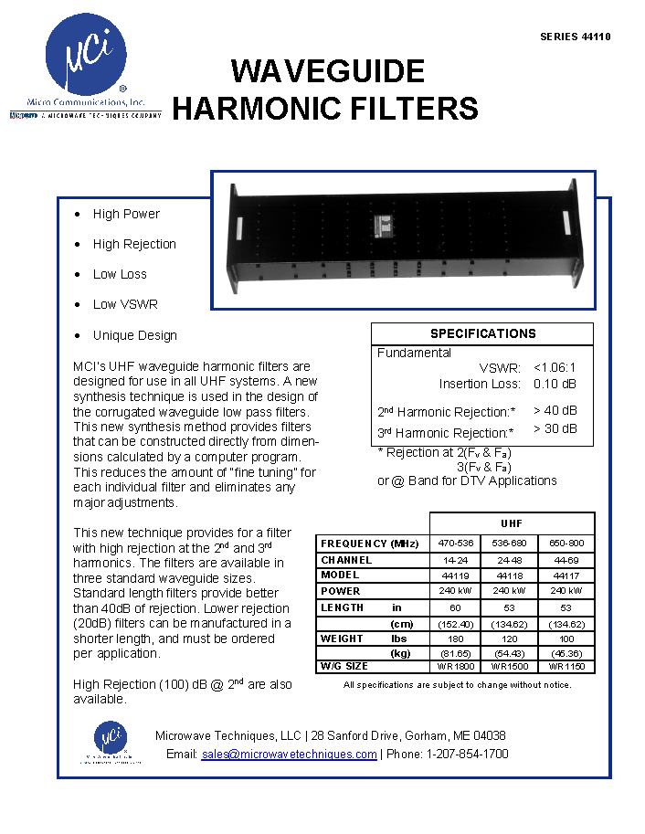 Waveguide Harmonic Filter - Product Data Sheet